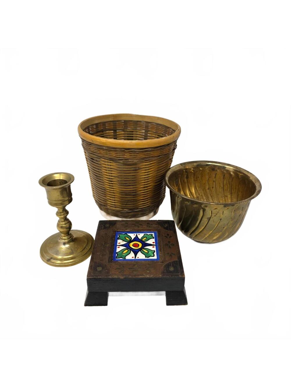Vintage Boho Decor Lot Brass Planter Candlestick Basket Tile Stand